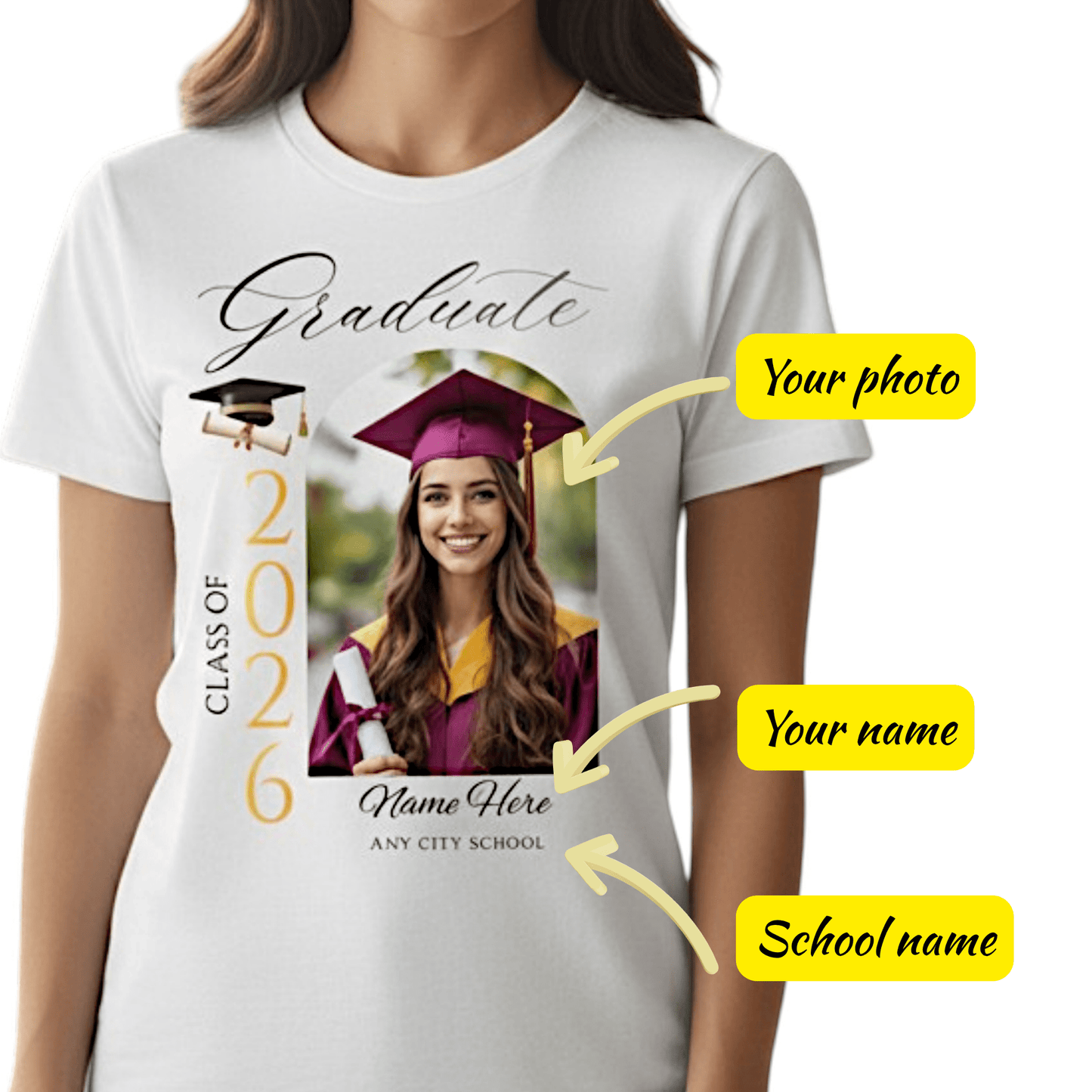 Personalized Photo Class of 2026 Graduate Women T-Shirt Custom Name Cotton Casual Crewneck Top