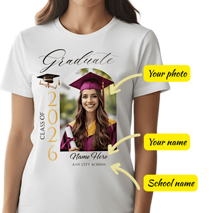 Personalized Photo Class of 2026 Graduate Women T-Shirt Custom Name Cotton Casual Crewneck Top