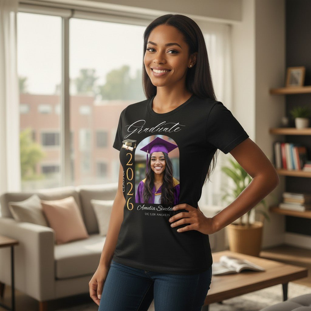 Personalized Photo Class of 2026 Graduate Women T-Shirt Custom Name Cotton Casual Crewneck Top