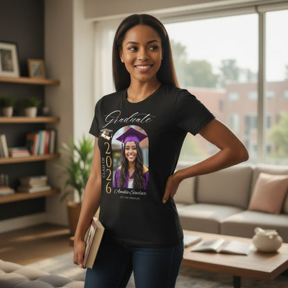Personalized Photo Class of 2026 Graduate Women T-Shirt Custom Name Cotton Casual Crewneck Top