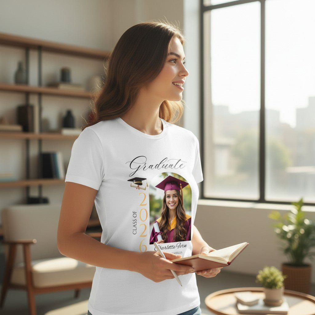 Personalized Photo Class of 2026 Graduate Women T-Shirt Custom Name Cotton Casual Crewneck Top