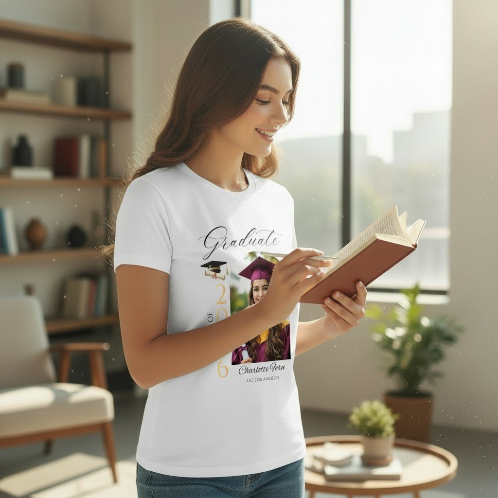 Personalized Photo Class of 2026 Graduate Women T-Shirt Custom Name Cotton Casual Crewneck Top