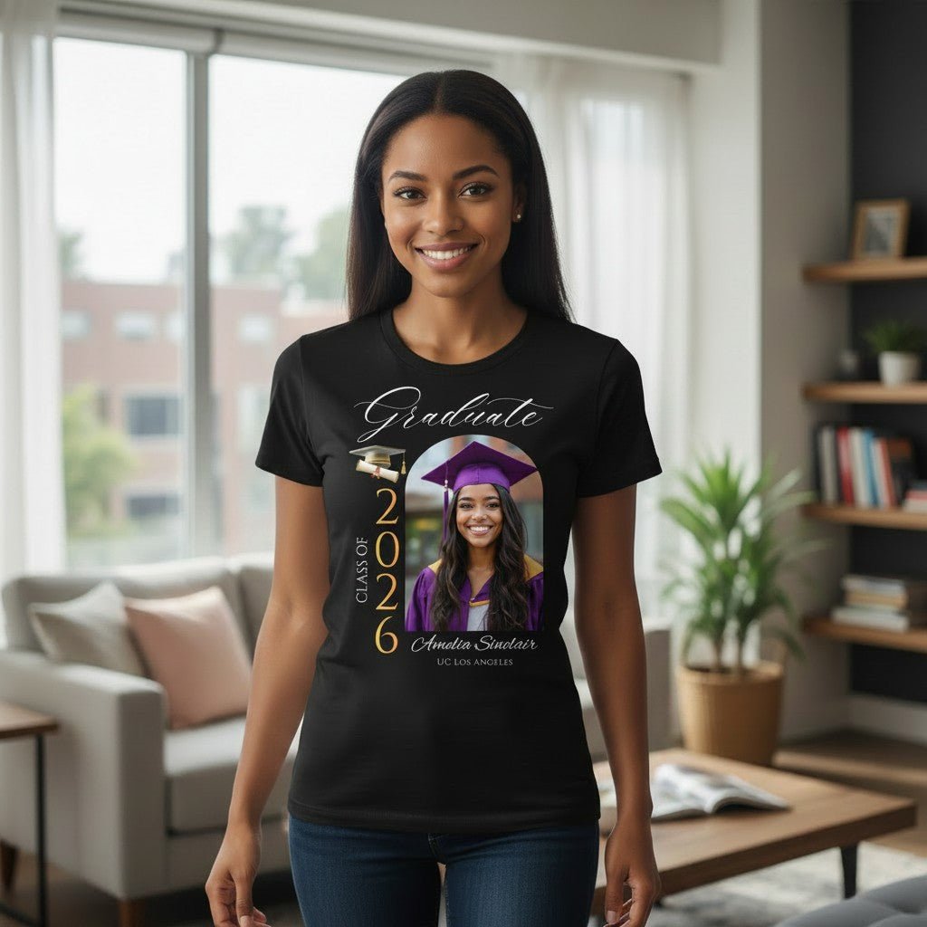 Personalized Photo Class of 2026 Graduate Women T-Shirt Custom Name Cotton Casual Crewneck Top