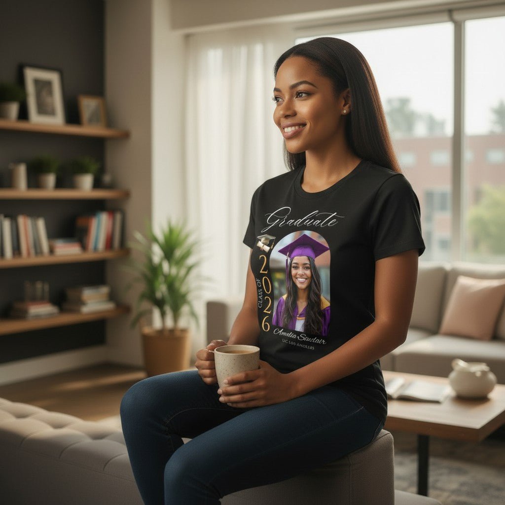 Personalized Photo Class of 2026 Graduate Women T-Shirt Custom Name Cotton Casual Crewneck Top