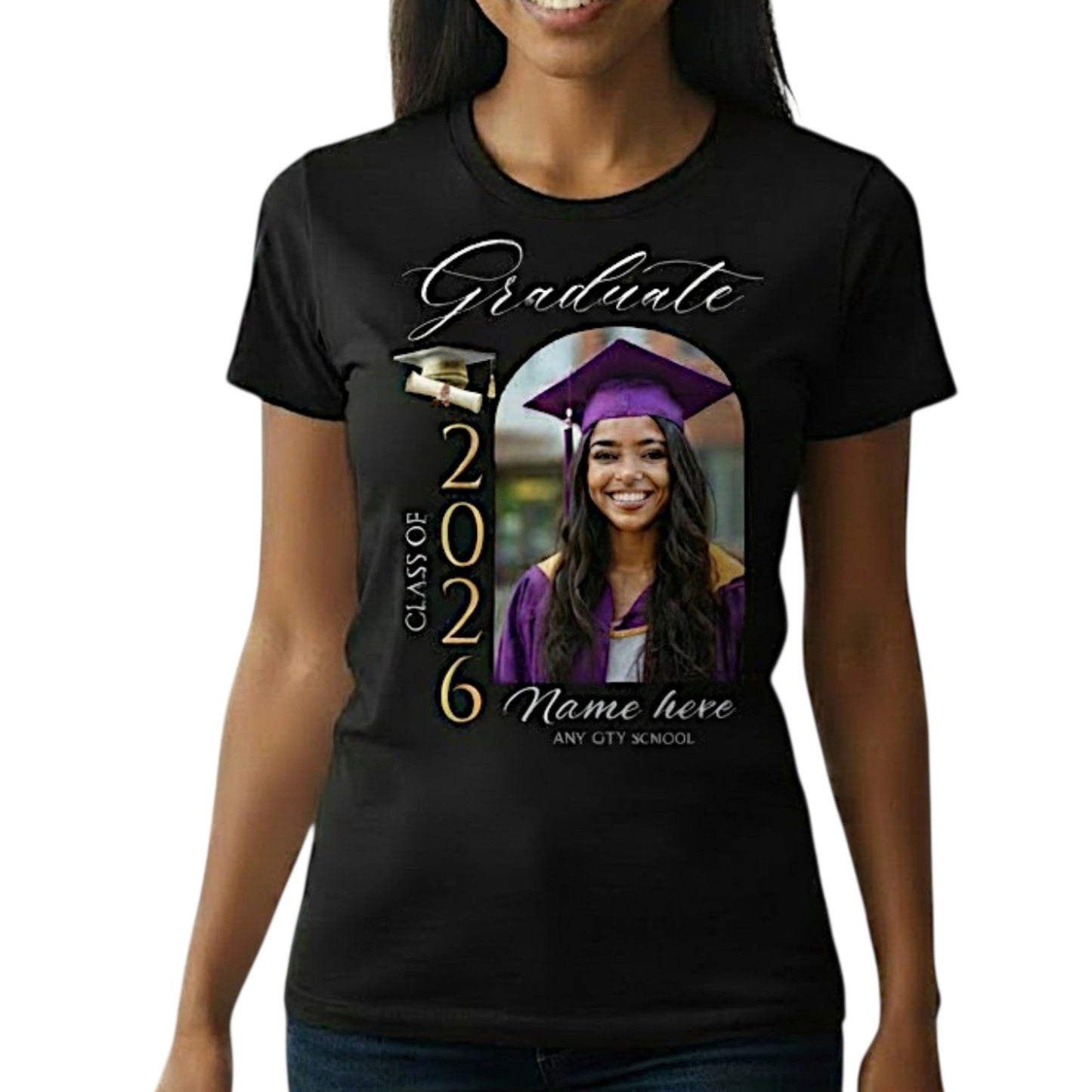Personalized Photo Class of 2026 Graduate Women T-Shirt Custom Name Cotton Casual Crewneck Top