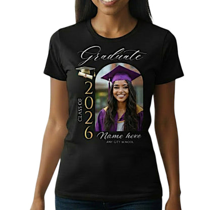 Personalized Photo Class of 2026 Graduate Women T-Shirt Custom Name Cotton Casual Crewneck Top