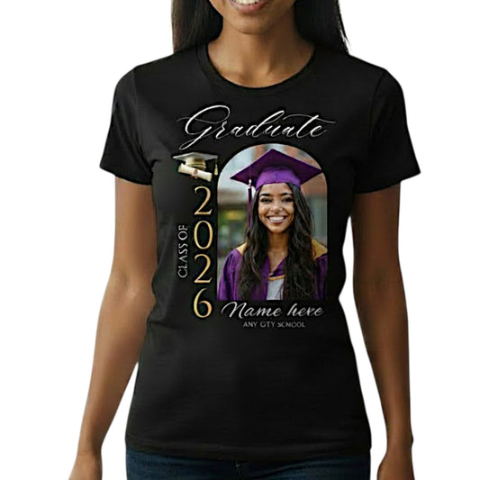 Personalized Photo Class of 2026 Graduate Women T-Shirt Custom Name Cotton Casual Crewneck Top