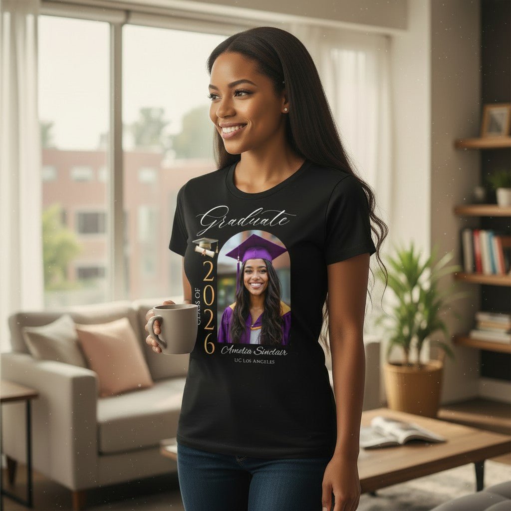 Personalized Photo Class of 2026 Graduate Women T-Shirt Custom Name Cotton Casual Crewneck Top