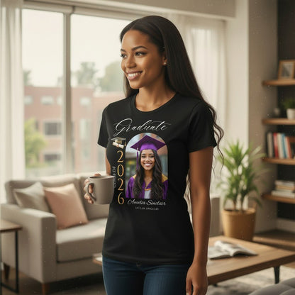 Personalized Photo Class of 2026 Graduate Women T-Shirt Custom Name Cotton Casual Crewneck Top