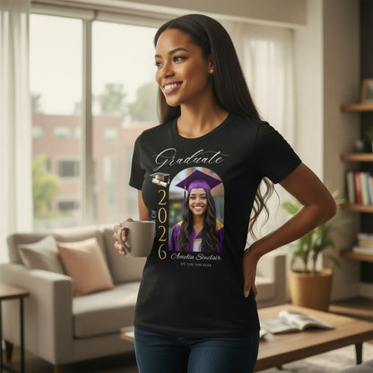Personalized Photo Class of 2026 Graduate Women T-Shirt Custom Name Cotton Casual Crewneck Top