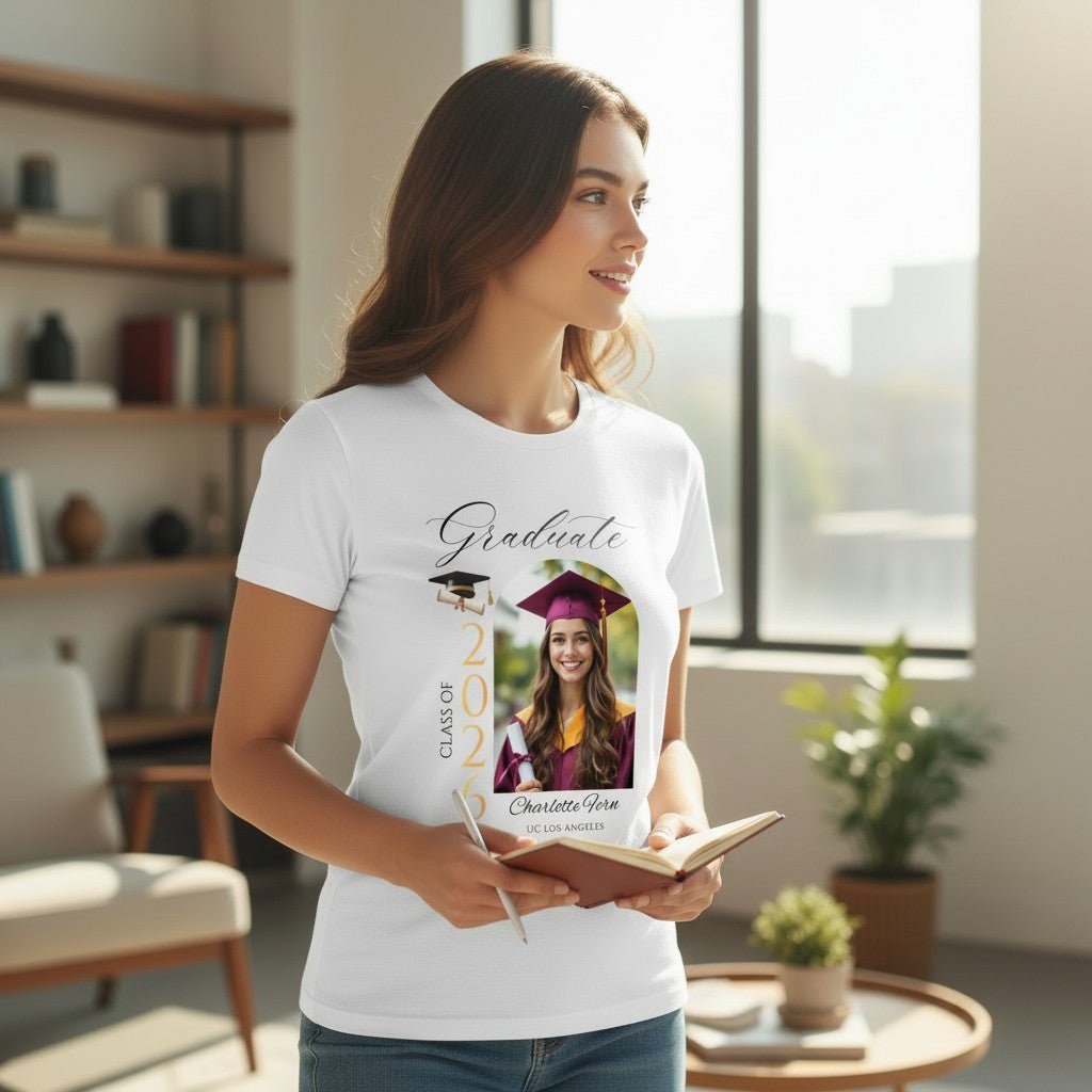 Personalized Photo Class of 2026 Graduate Women T-Shirt Custom Name Cotton Casual Crewneck Top