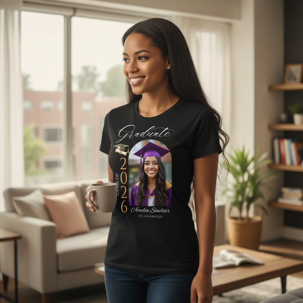 Personalized Photo Class of 2026 Graduate Women T-Shirt Custom Name Cotton Casual Crewneck Top