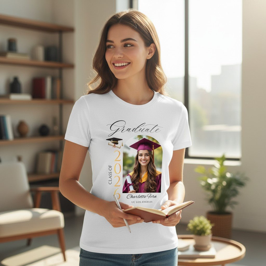 Personalized Photo Class of 2026 Graduate Women T-Shirt Custom Name Cotton Casual Crewneck Top