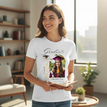 Personalized Photo Class of 2026 Graduate Women T-Shirt Custom Name Cotton Casual Crewneck Top