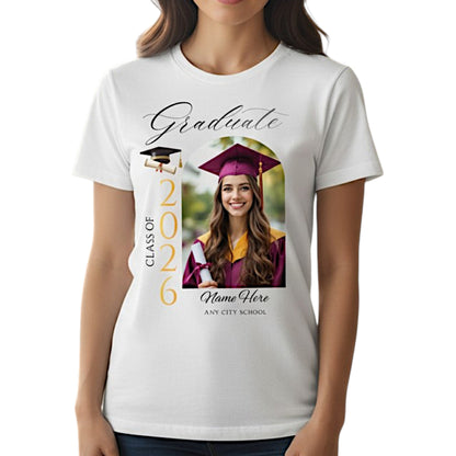 Personalized Photo Class of 2026 Graduate Women T-Shirt Custom Name Cotton Casual Crewneck Top