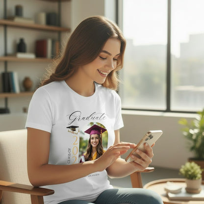 Personalized Photo Class of 2026 Graduate Women T-Shirt Custom Name Cotton Casual Crewneck Top