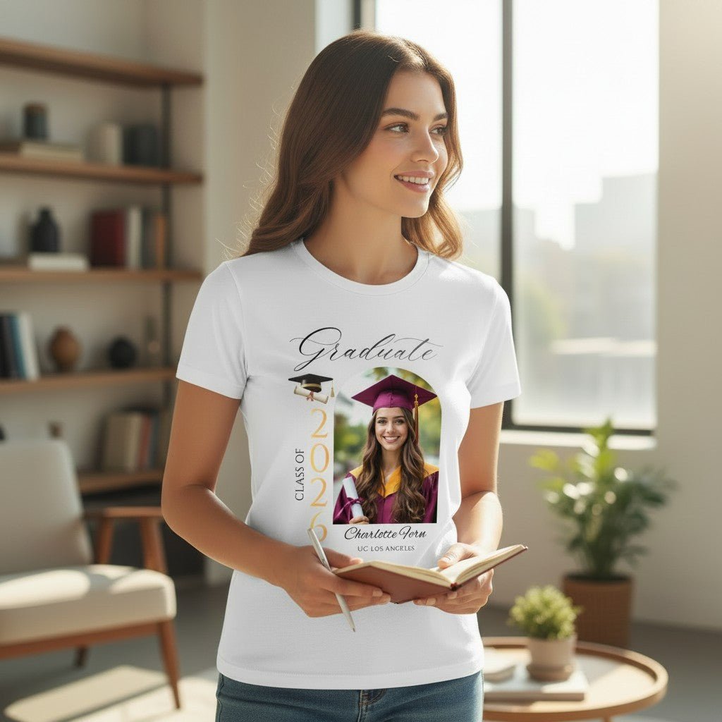 Personalized Photo Class of 2026 Graduate Women T-Shirt Custom Name Cotton Casual Crewneck Top