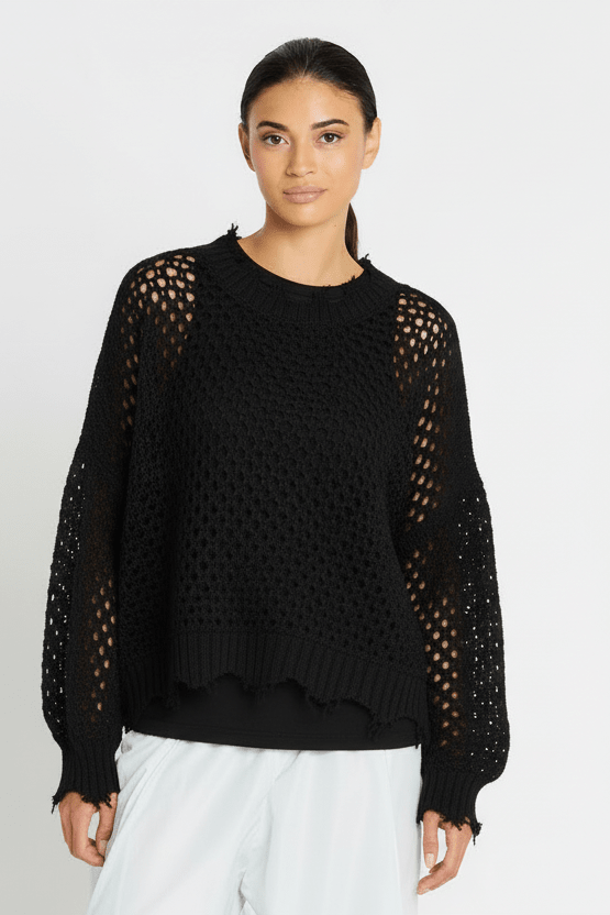 Pima Cotton Hamptons Crewneck Crochet Sweater - Black
