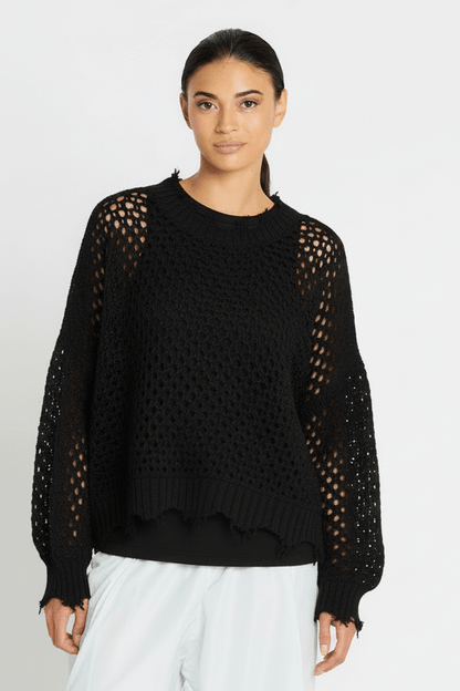 Pima Cotton Hamptons Crewneck Crochet Sweater - Black