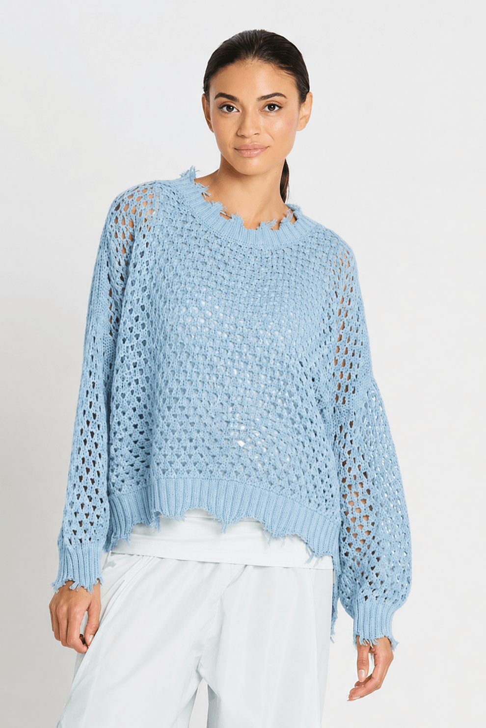 Pima Cotton Hamptons Crewneck Crochet Sweater - Cameo