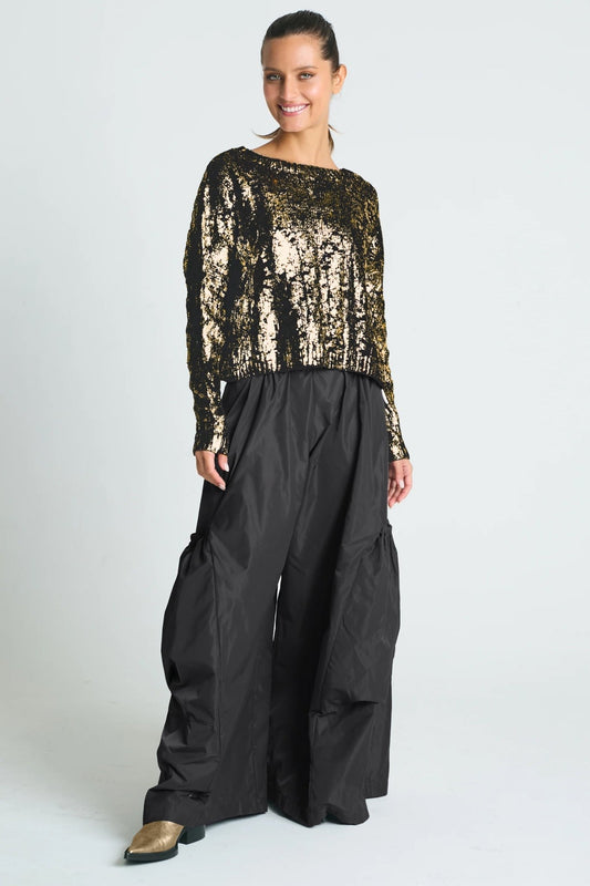 Pima Cotton Mini Foil Cable Crewneck Sweater - Black/Gold