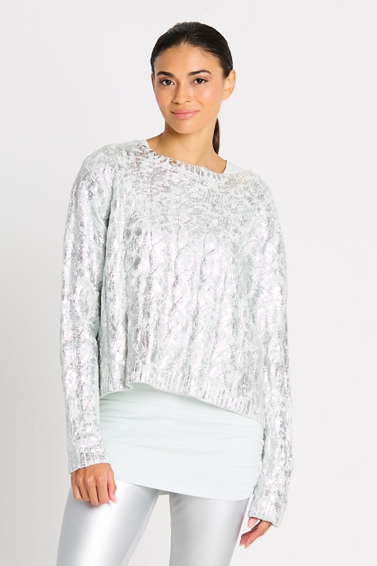 Pima Cotton Mini Foil Cable Crewneck Sweater - Mint/Silver