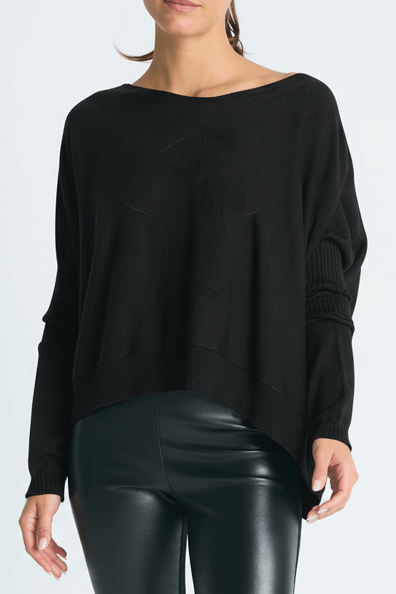 Pima Cotton Stitches Boatneck Sweater - Black