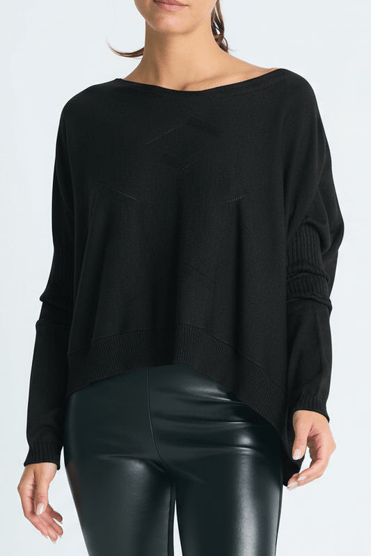 Pima Cotton Stitches Boatneck Sweater - Black