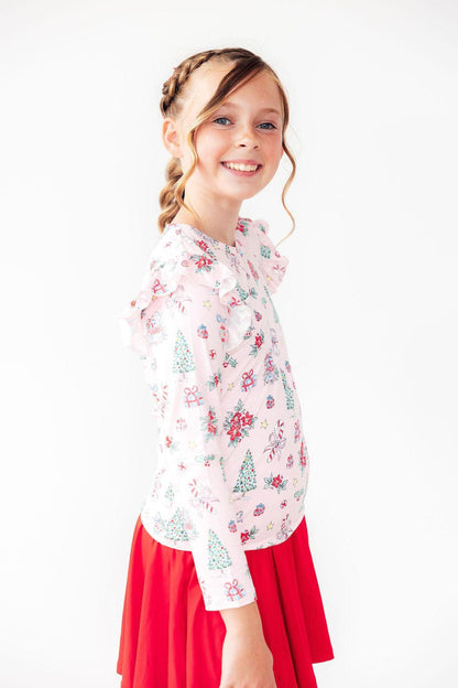 Pink Christmas L/S Ruffle Tee