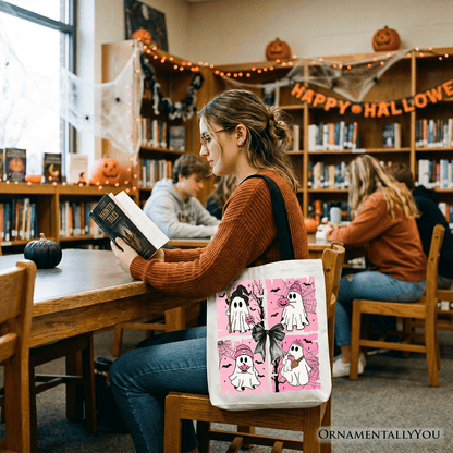 Pink Halloween Ghost Tote Bag, Coquette Spooky Season Gift for Girly Aesthetic