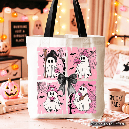 Pink Halloween Ghost Tote Bag, Coquette Spooky Season Gift for Girly Aesthetic