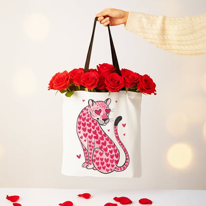 Pink Leopard Valentine Canvas Tote Bag, Cute Hearts Reusable Urban Bag