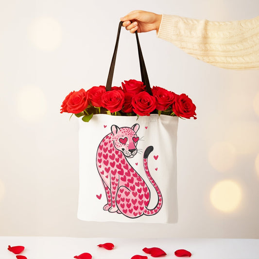 Pink Leopard Valentine Canvas Tote Bag, Cute Hearts Reusable Urban Bag