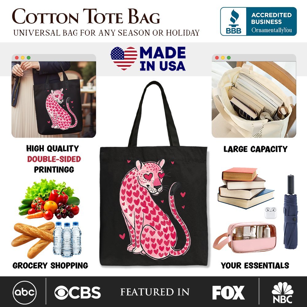Pink Leopard Valentine Canvas Tote Bag, Cute Hearts Reusable Urban Bag