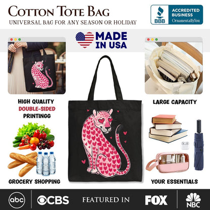Pink Leopard Valentine Canvas Tote Bag, Cute Hearts Reusable Urban Bag