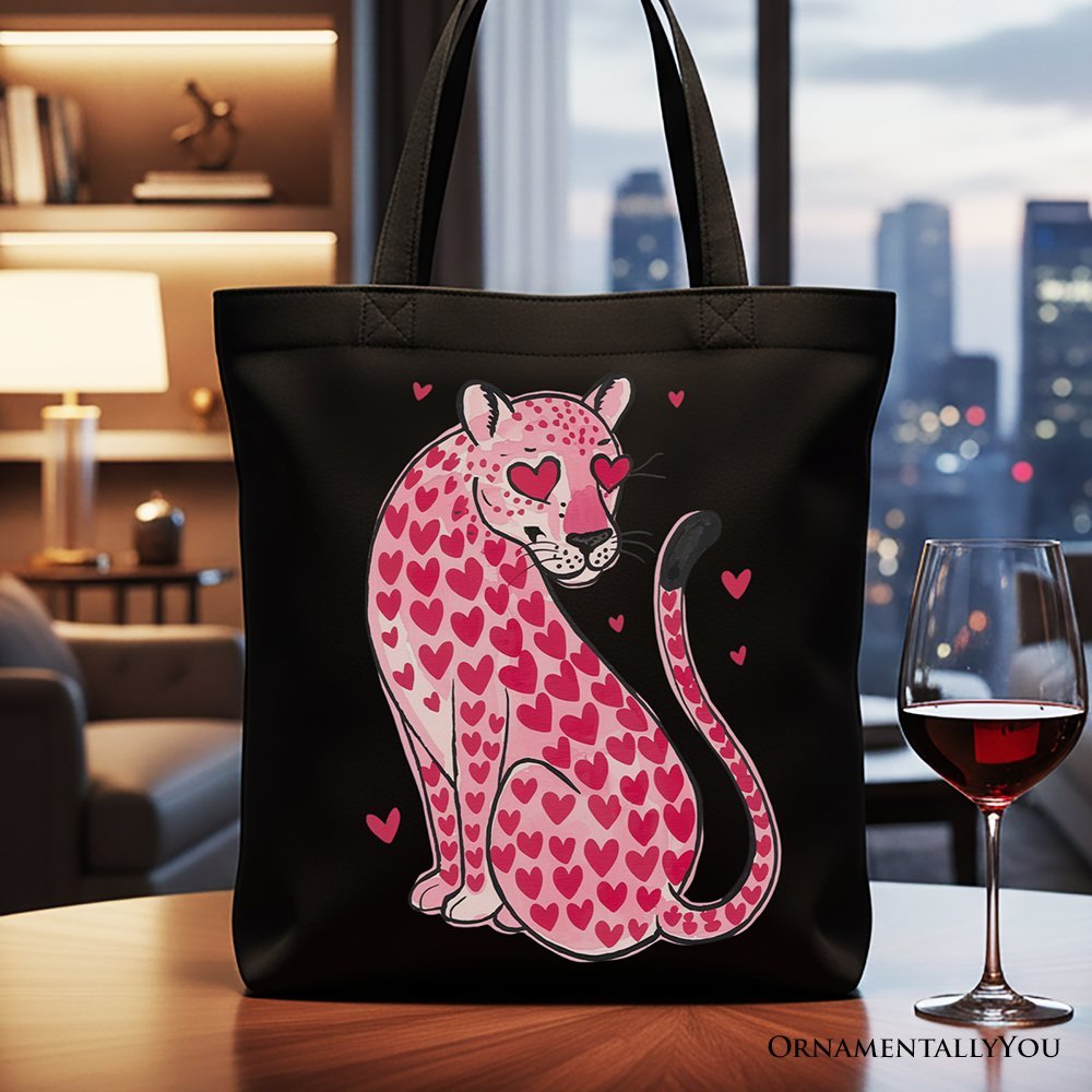 Pink Leopard Valentine Canvas Tote Bag, Cute Hearts Reusable Urban Bag