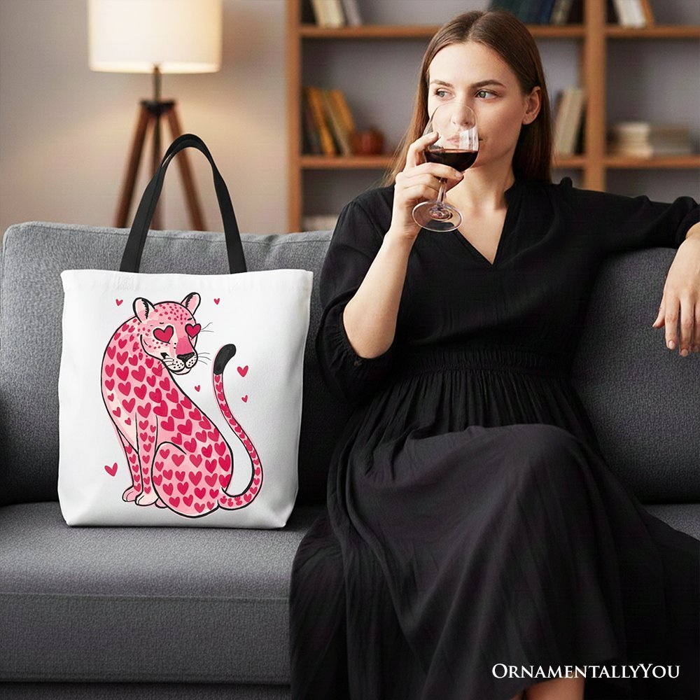 Pink Leopard Valentine Canvas Tote Bag, Cute Hearts Reusable Urban Bag