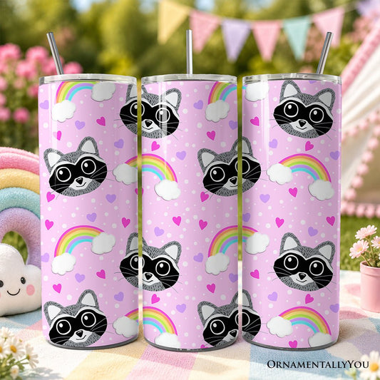 Pink Raccoon Rainbow Pattern 20oz Personalized Tumbler With Lid and Stainless Steel Straw, Colorful Woodland Animal Gift Cup