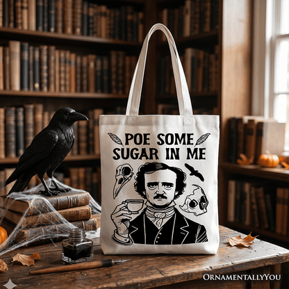 Poe Some Sugar On Me Tote Bag, Funny Edgar Allan Poe Retro Gift Shopper for Dark Academia Enthusiasts