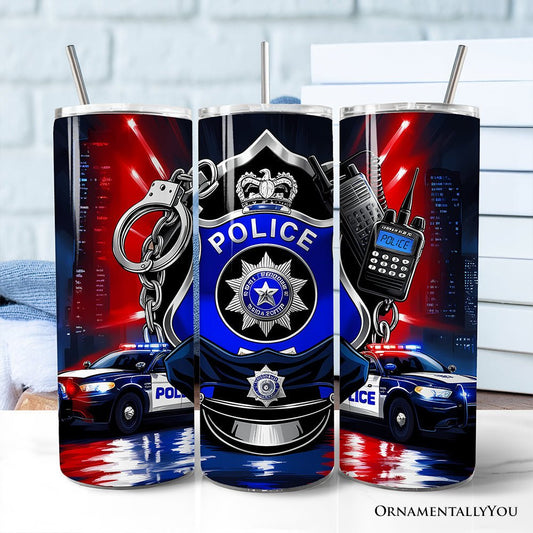 Police Badge and Patrol Car 20oz Personalized Tumbler With Lid and Stainless Steel Straw, Law Enforcement Appreciation Gift Cup