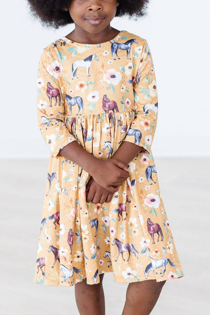 Ponies & Poppies 3/4 Sleeve Pocket Twirl Dress