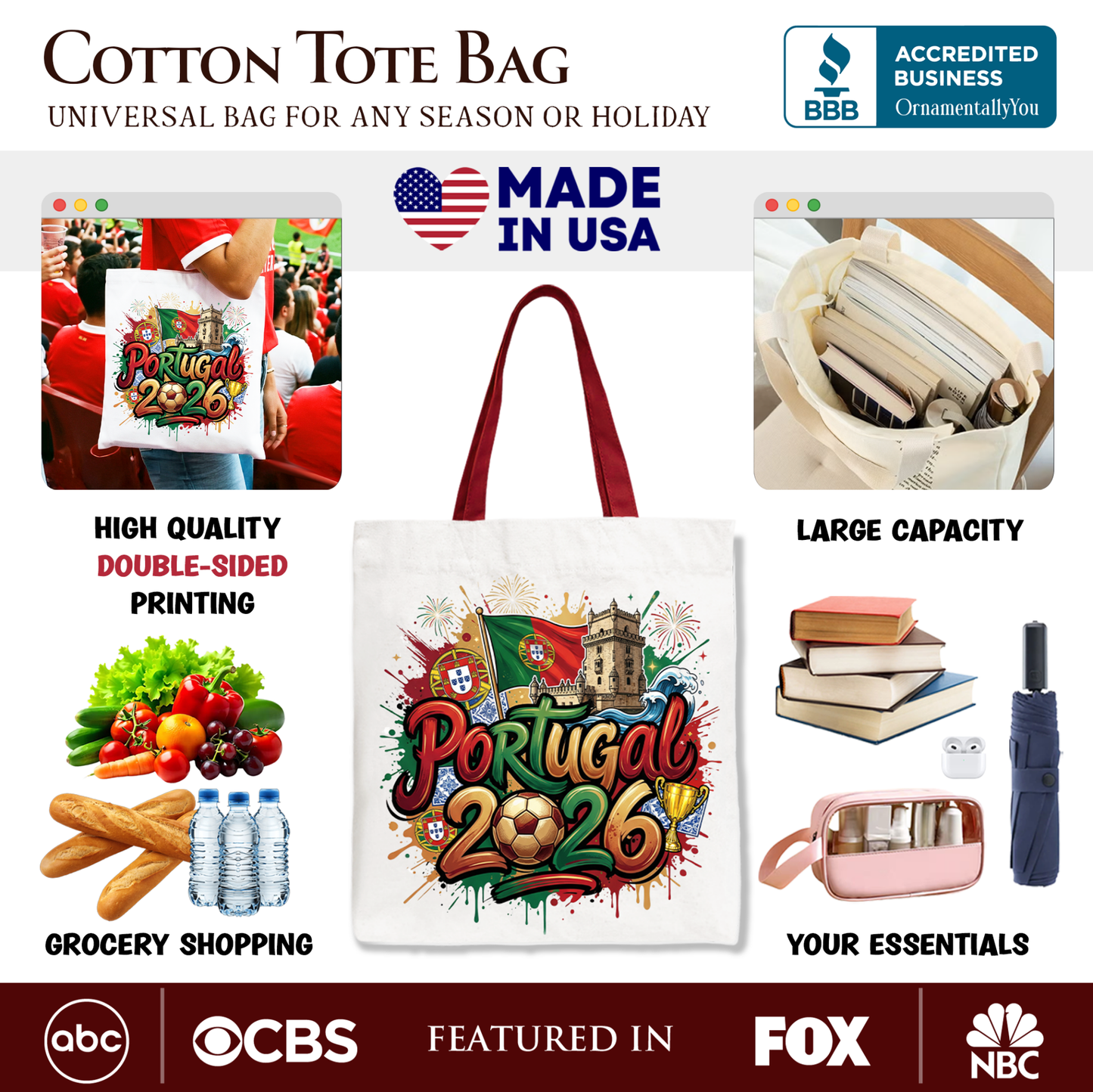 Portugal 2026 Soccer Cup Global Championship Tote Bag, Fans Football Gift Shopper