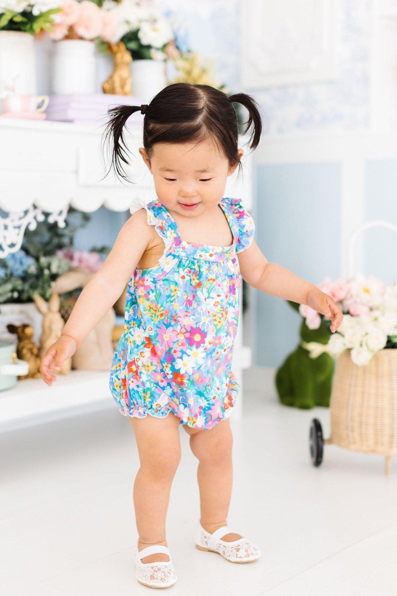 Preppy Floral Ruffle Cross Back Romper