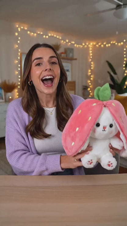 Reversible Strawberry Bunny Plush Toy Soft Polyester Stuffed Animal for Kids Hide and Seek Transforming Toy