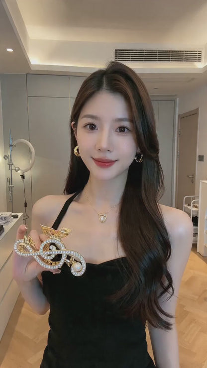 Treble Clef Hair Clip Sparkling Rhinestone Metal Gold Tone Butterfly Barrette for Music Lovers Formal Concert Wear