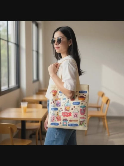Cream Boba Tote Bag – Cute Gift with Keychain & Enamel Pin