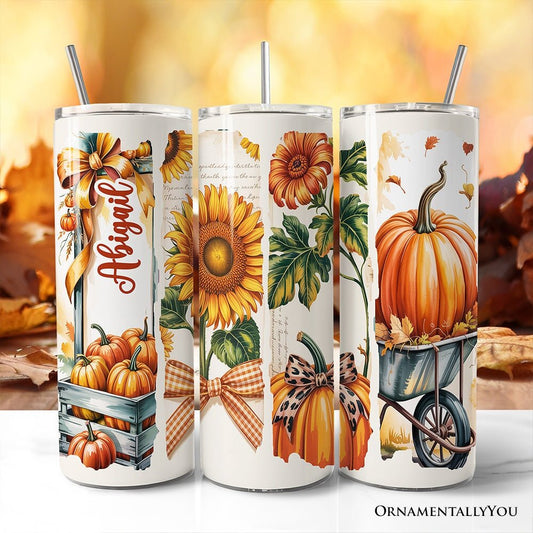 Pumpkin Season 20oz Personalized Tumbler With Lid and Stainless Steel Straw, Fall Sunflower Coquette Bow Autumn Gift Cup