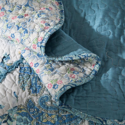 Tache Petal Dance White Blue Floral Paisley Vintage Garden Scalloped Cotton Patchwork Quilt Set (JHW-646)