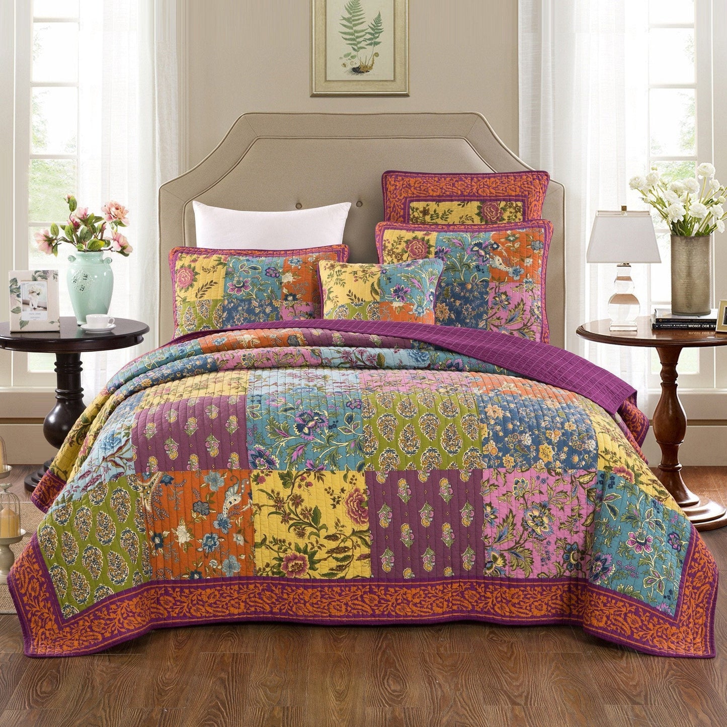 Tache Cotton Bohemian Carnival Garden Quilted Patchwork Bedspread Set (JHW-676)