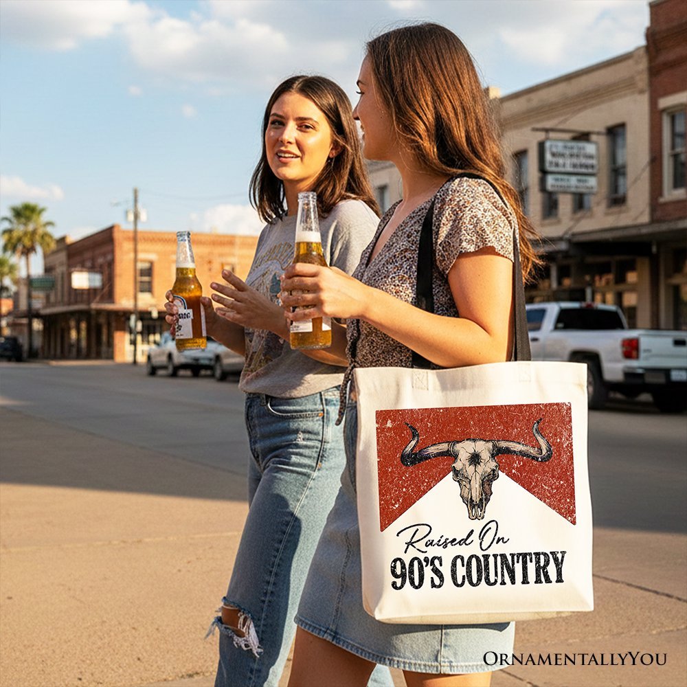 Raised On 90s Country Tote Bag, Vintage Bull Skull Gift Shopper